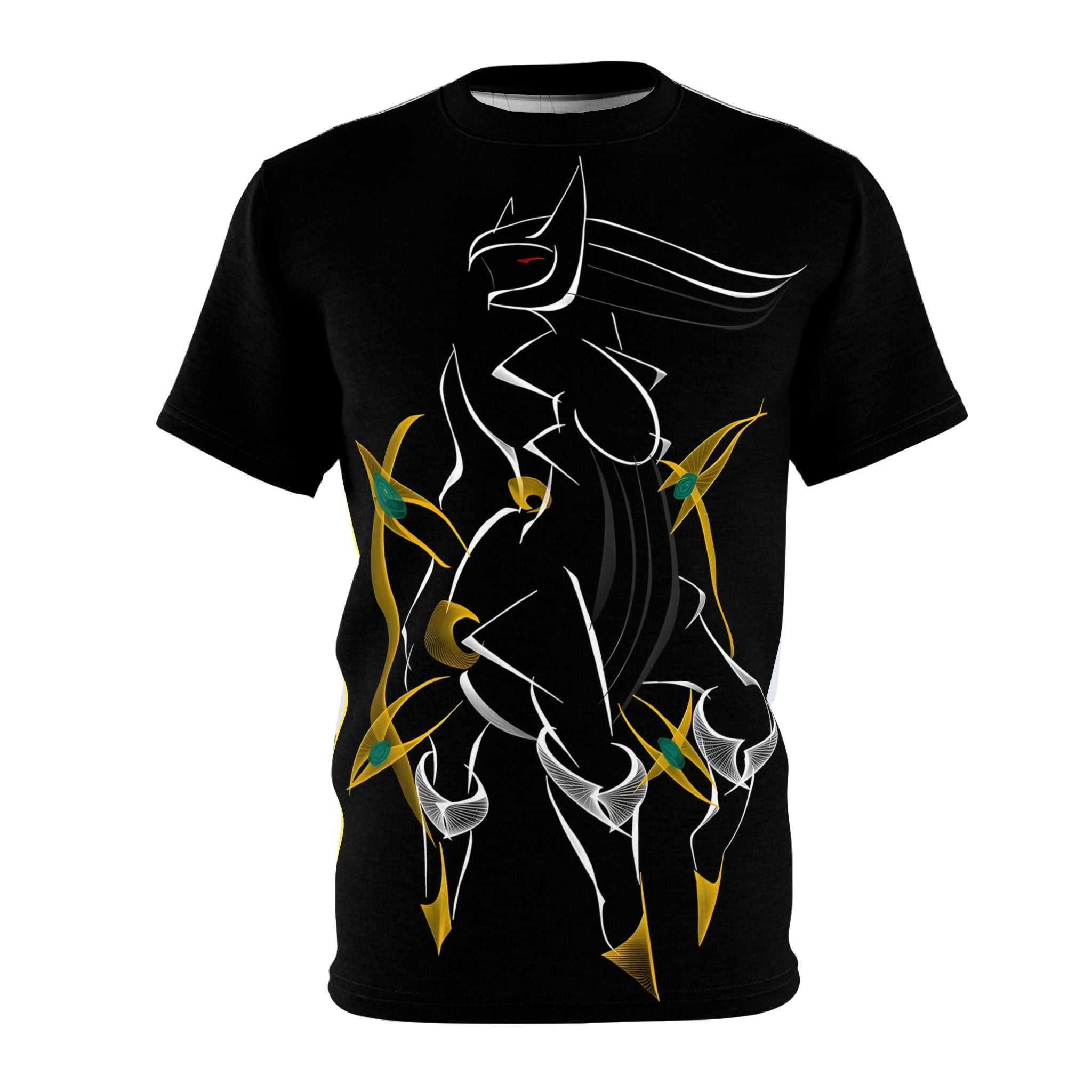 Black t-shirt with a white graphic design on a white background