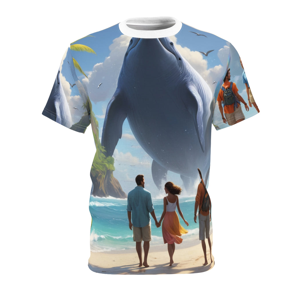 T-shirt with a dolphin and beach scene design on a white background