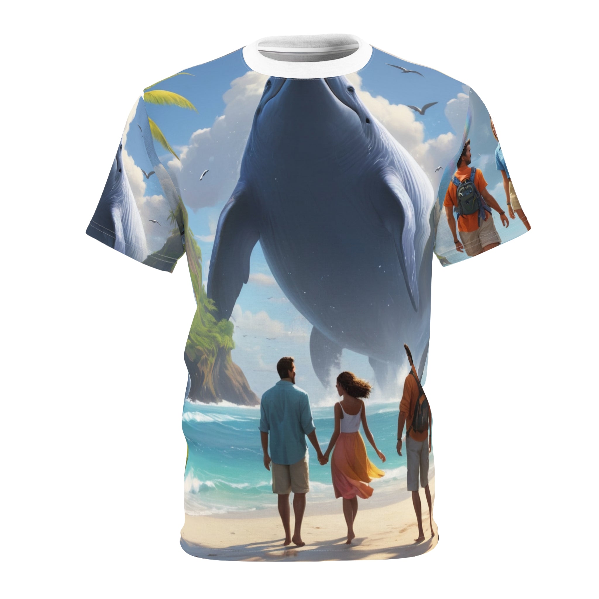 T-shirt with a dolphin and beach scene design on a white background