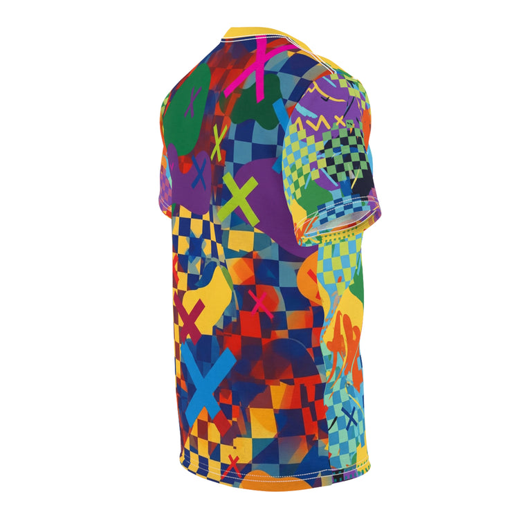 Colorful geometric patterned shirt on a white background