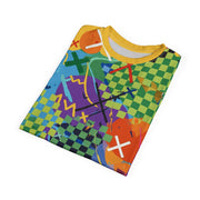 Colorful children's shirt with geometric pattern on a white background
