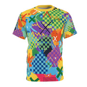 Colorful geometric patterned t-shirt on a white background