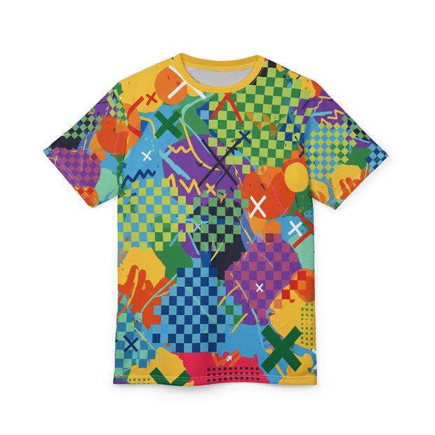 Colorful geometric patterned t-shirt on a white background