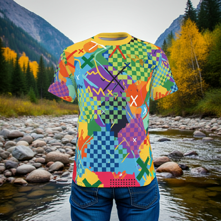 Person wearing a colorful geometric-patterned shirt in a natural setting with mountains and a river.