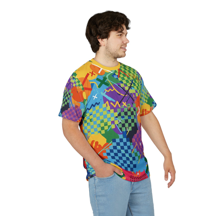 Person wearing a colorful geometric patterned shirt on a white background