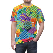 Person wearing a colorful geometric patterned t-shirt on a white background