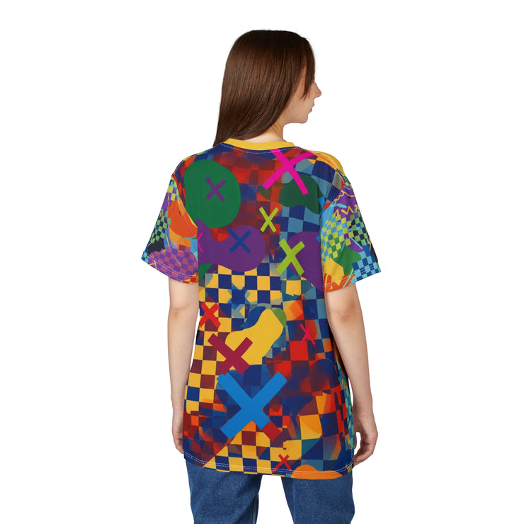 Person wearing a colorful patterned shirt on a white background