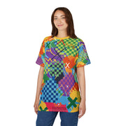 Person wearing a colorful geometric patterned shirt on a white background