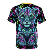 T-shirt with a colorful neon lion design on a black background