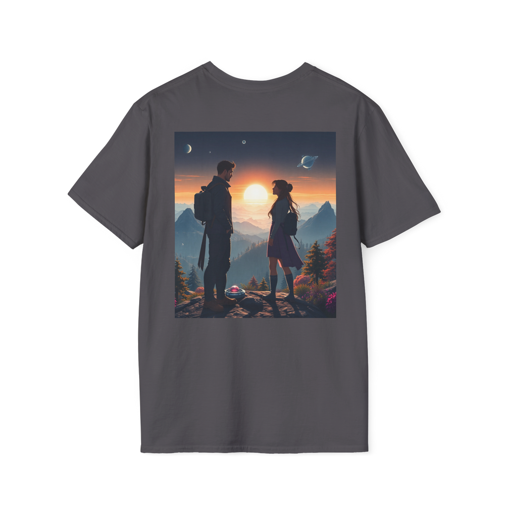 Sci-Fi Romantic Mountain Couple T-Shirt – Galaxy Love Tee.