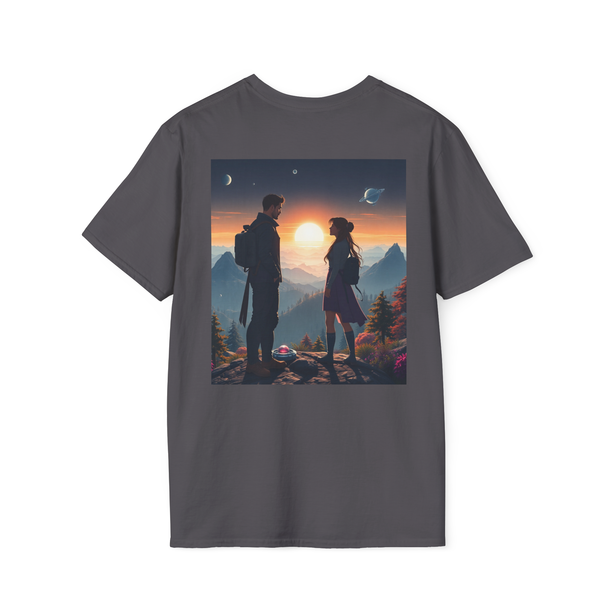 Sci-Fi Romantic Mountain Couple T-Shirt – Galaxy Love Tee.