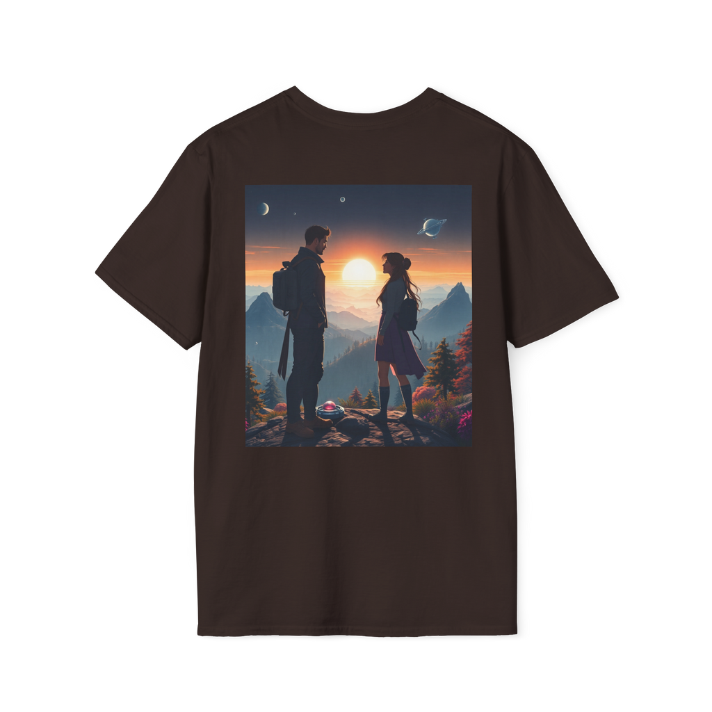 Sci-Fi Romantic Mountain Couple T-Shirt – Galaxy Love Tee.