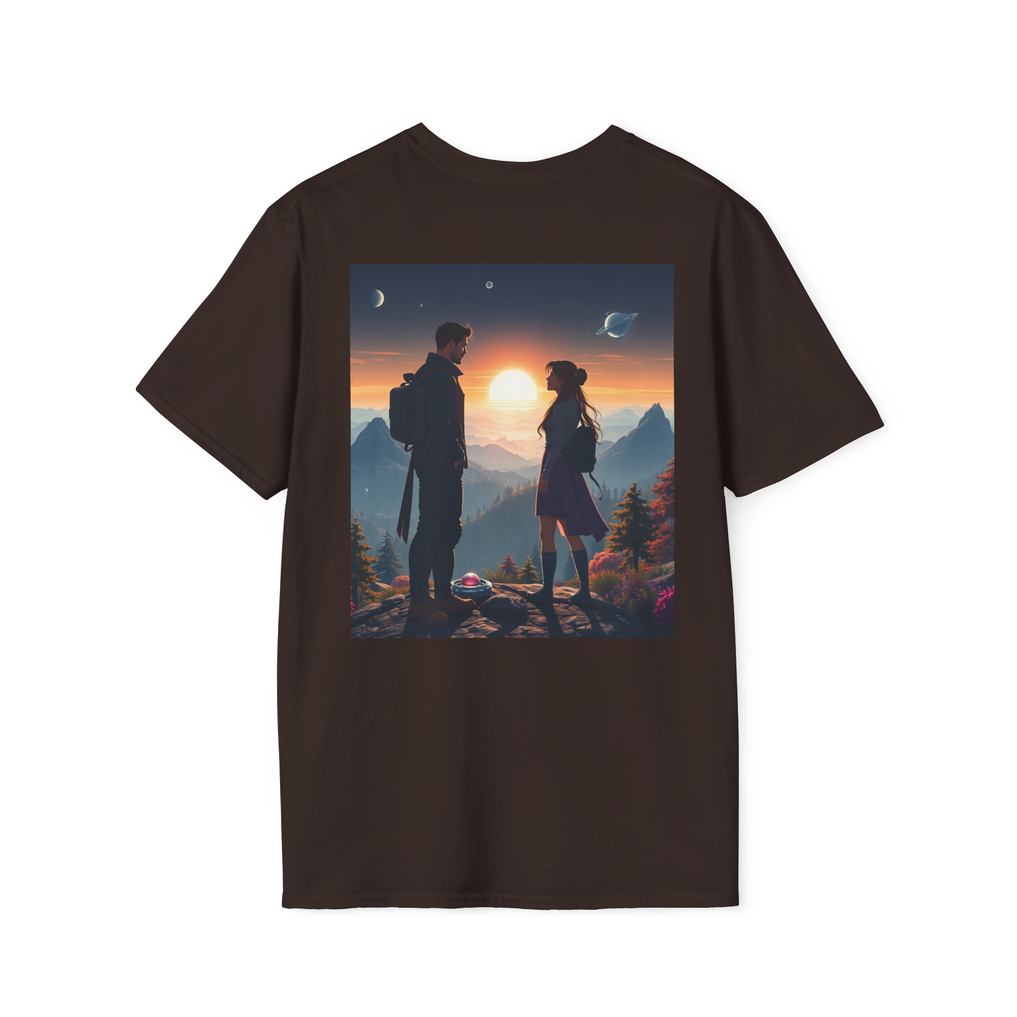 Sci-Fi Romantic Mountain Couple T-Shirt – Galaxy Love Tee.