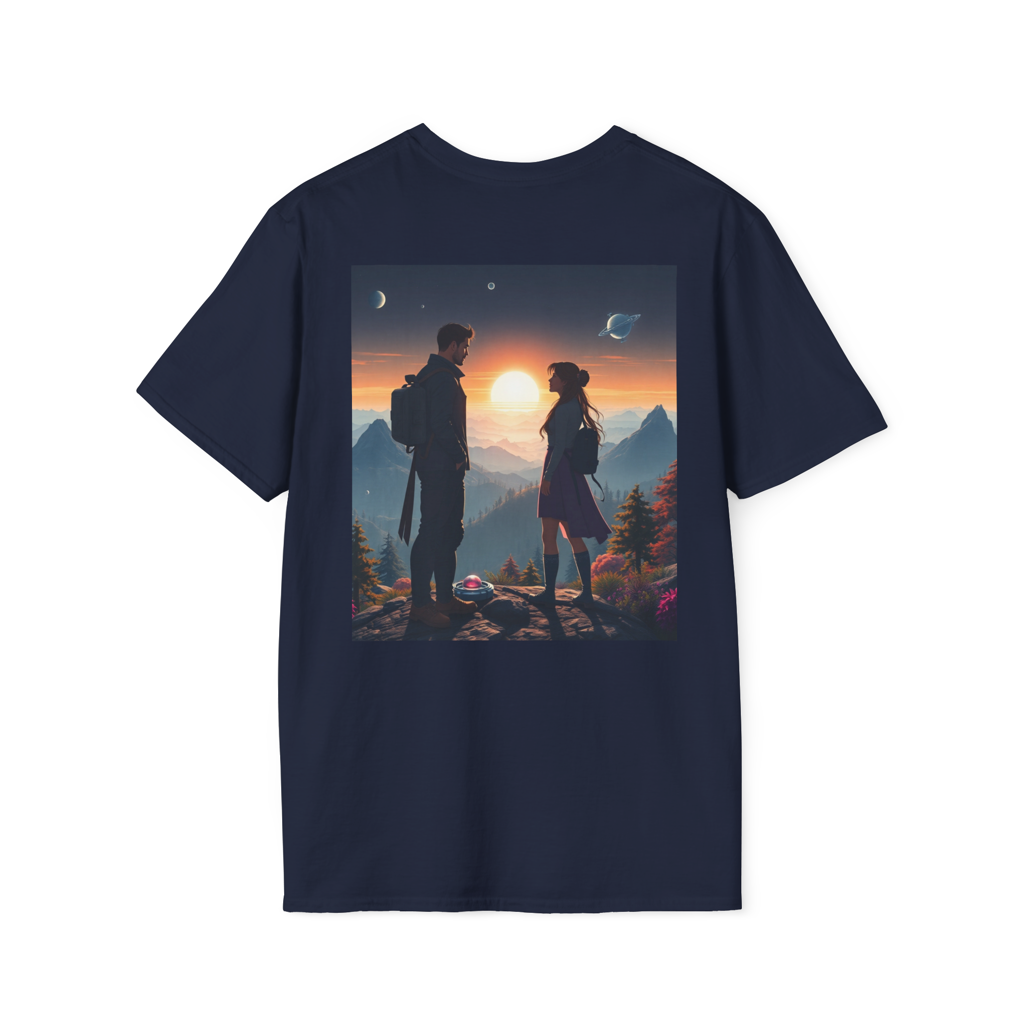 Sci-Fi Romantic Mountain Couple T-Shirt – Galaxy Love Tee.