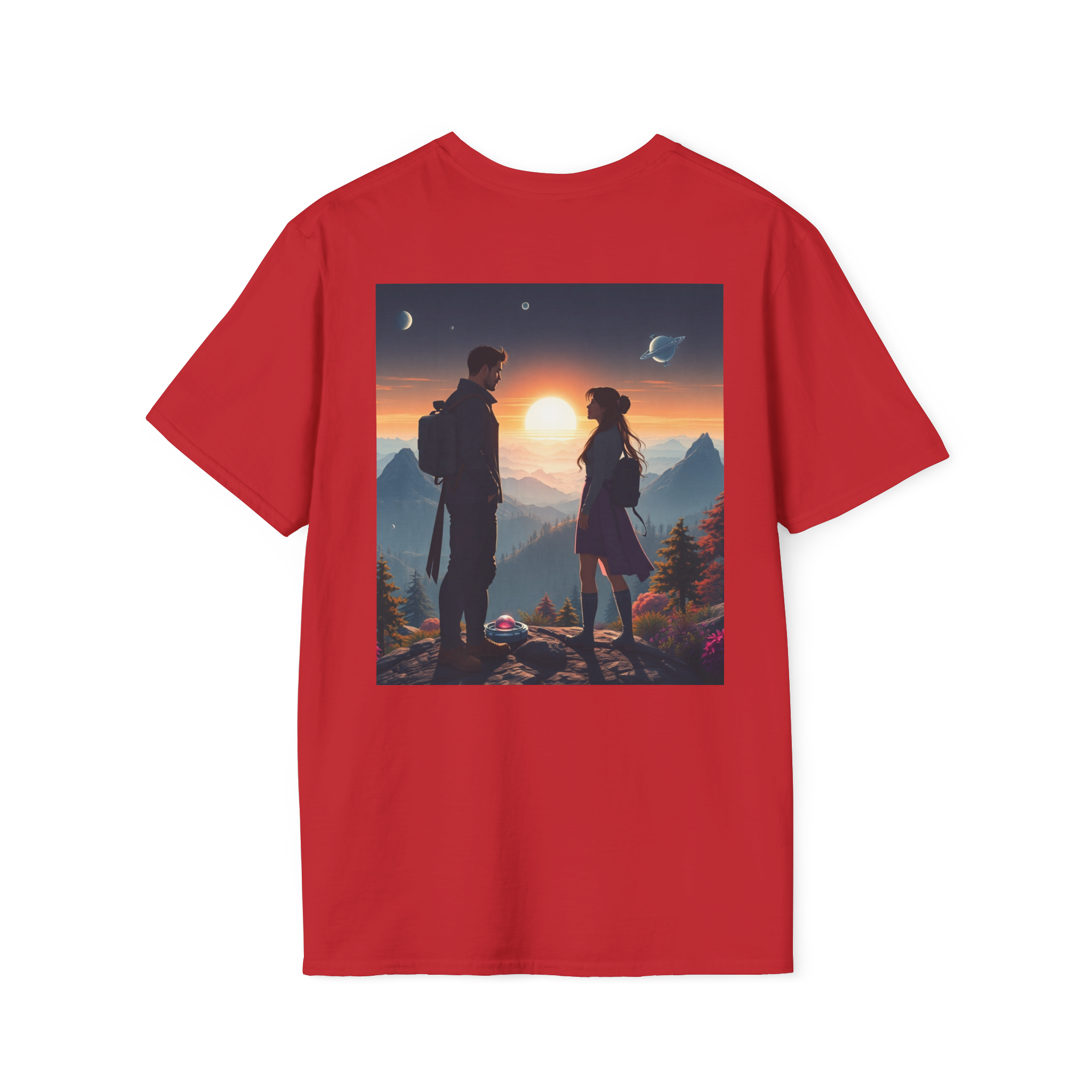 Sci-Fi Romantic Mountain Couple T-Shirt – Galaxy Love Tee.
