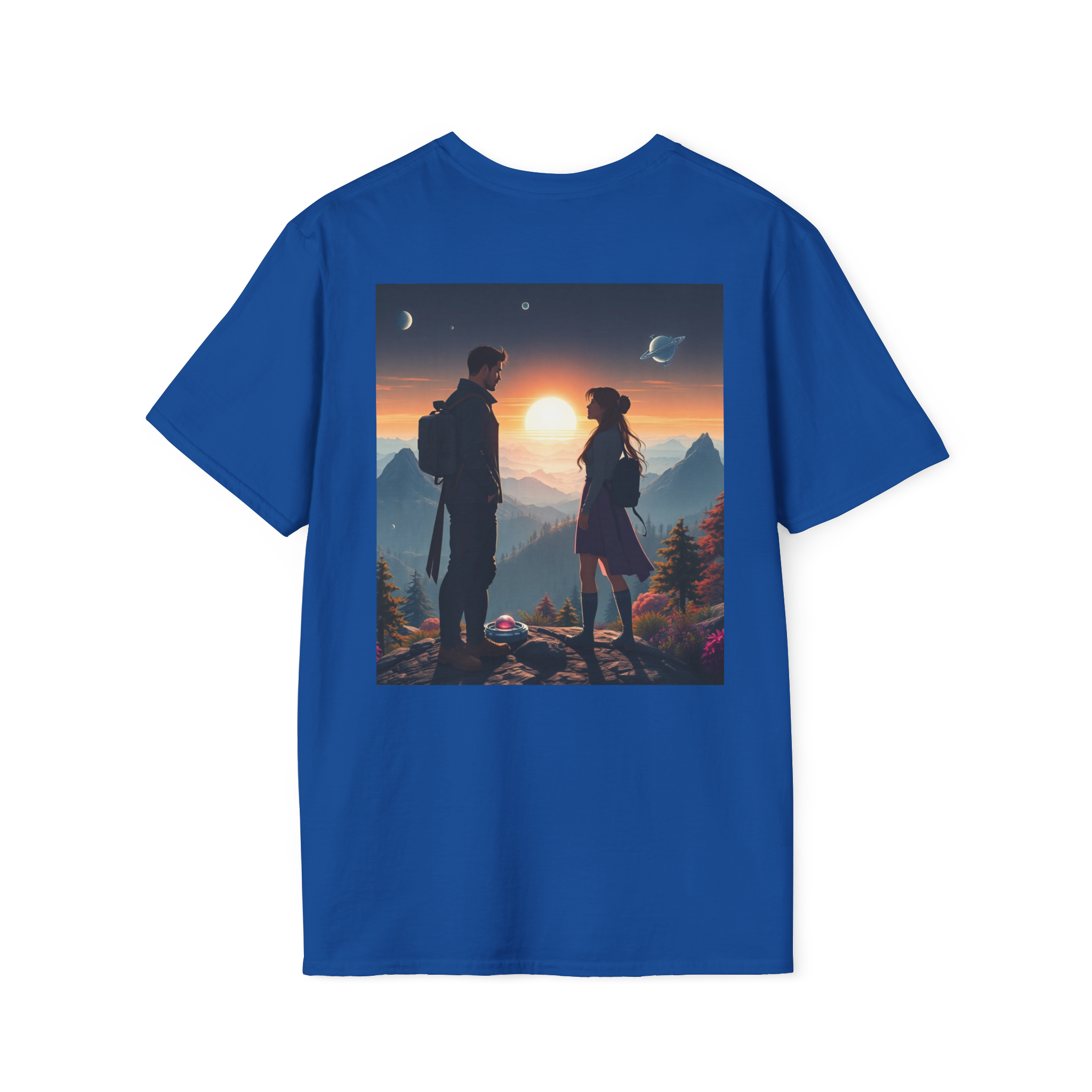 Sci-Fi Romantic Mountain Couple T-Shirt – Galaxy Love Tee.