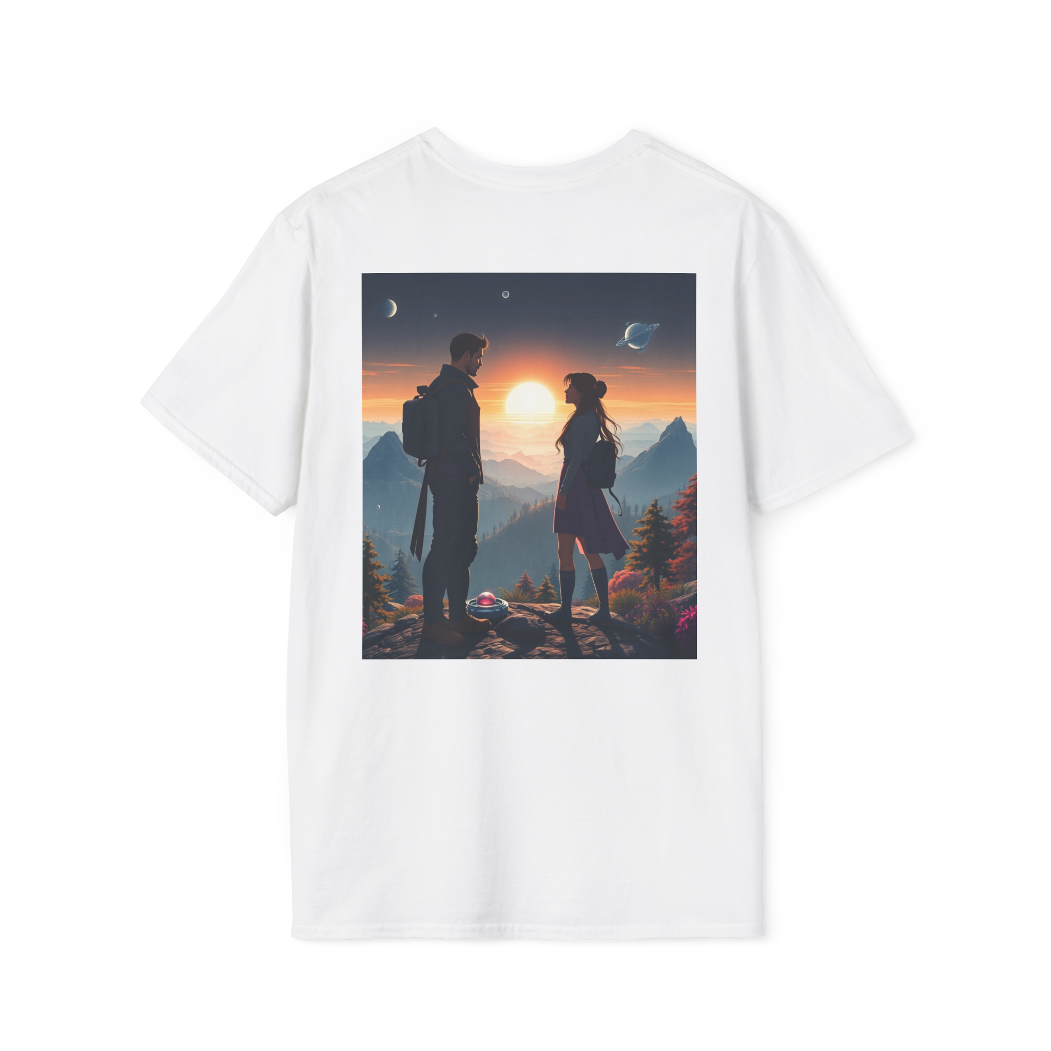 Sci-Fi Romantic Mountain Couple T-Shirt – Galaxy Love Tee.