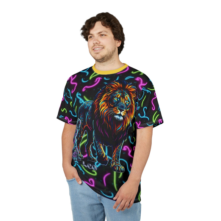 Person wearing a colorful t-shirt with a lion design on a white background