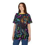 Person wearing a colorful t-shirt with a lion design on a white background