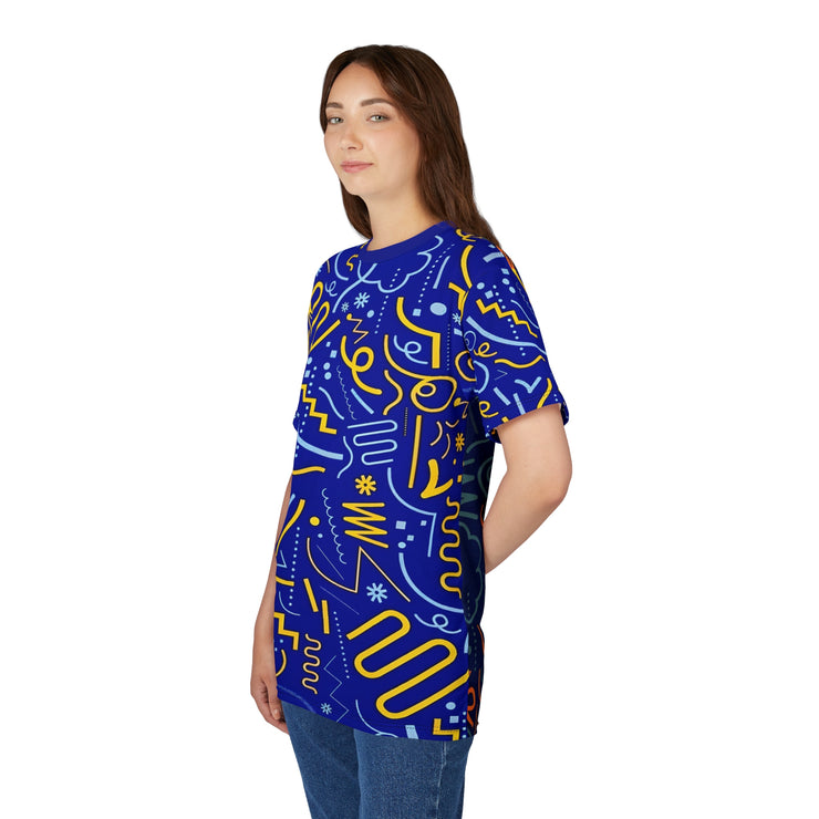 Woman wearing a blue t-shirt with yellow abstract patterns on a white background