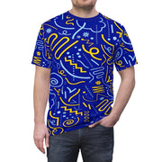 Person wearing a blue t-shirt with yellow and white abstract patterns on a white background
