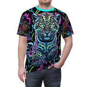 T-shirt with a colorful neon leopard design on a black background