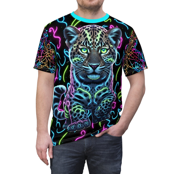 T-shirt with a colorful neon leopard design on a black background