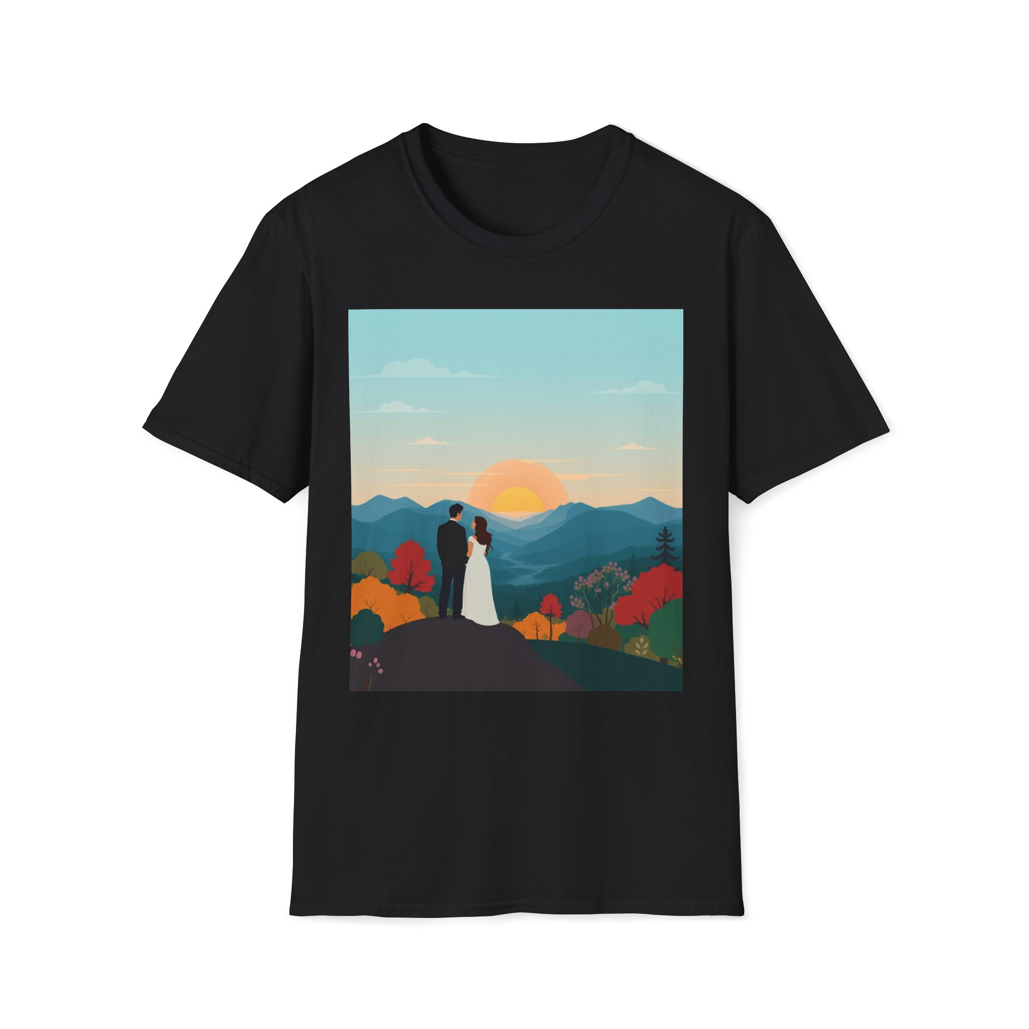 Romantic Sunset Couple Art T-Shirt – Nature Adventure Top