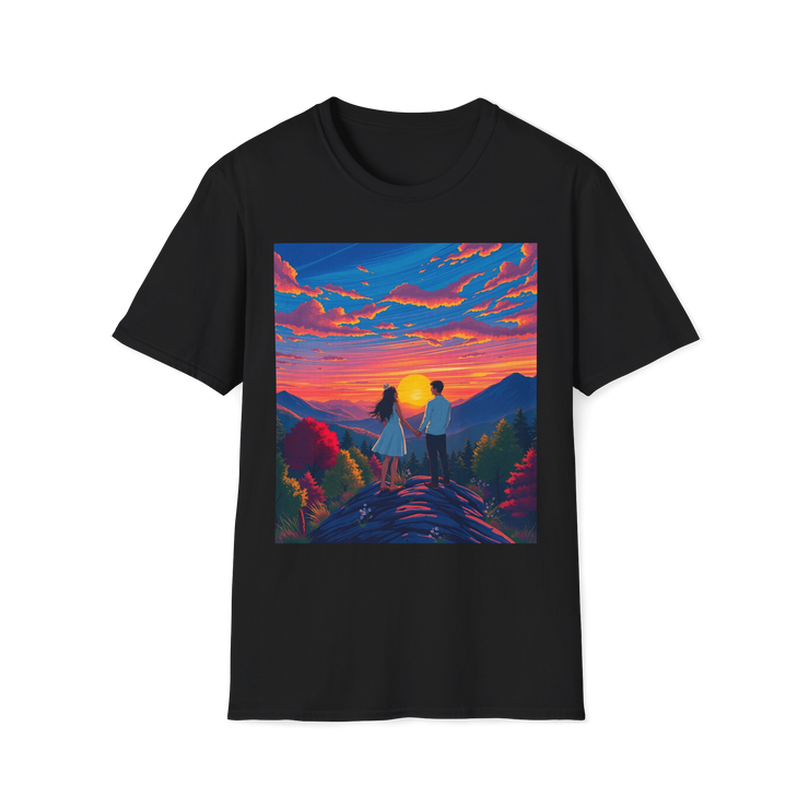 Sci-Fi Romantic Mountain Couple T-Shirt – Galaxy Love Tee.