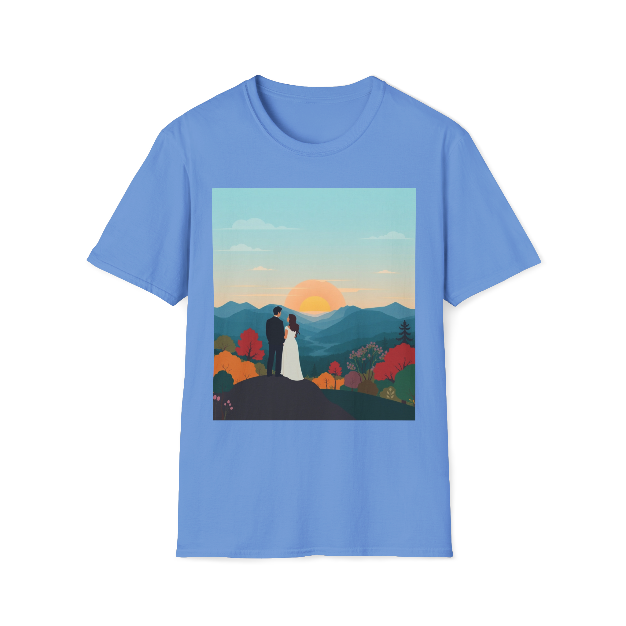 Romantic Sunset Couple Art T-Shirt – Nature Adventure Top