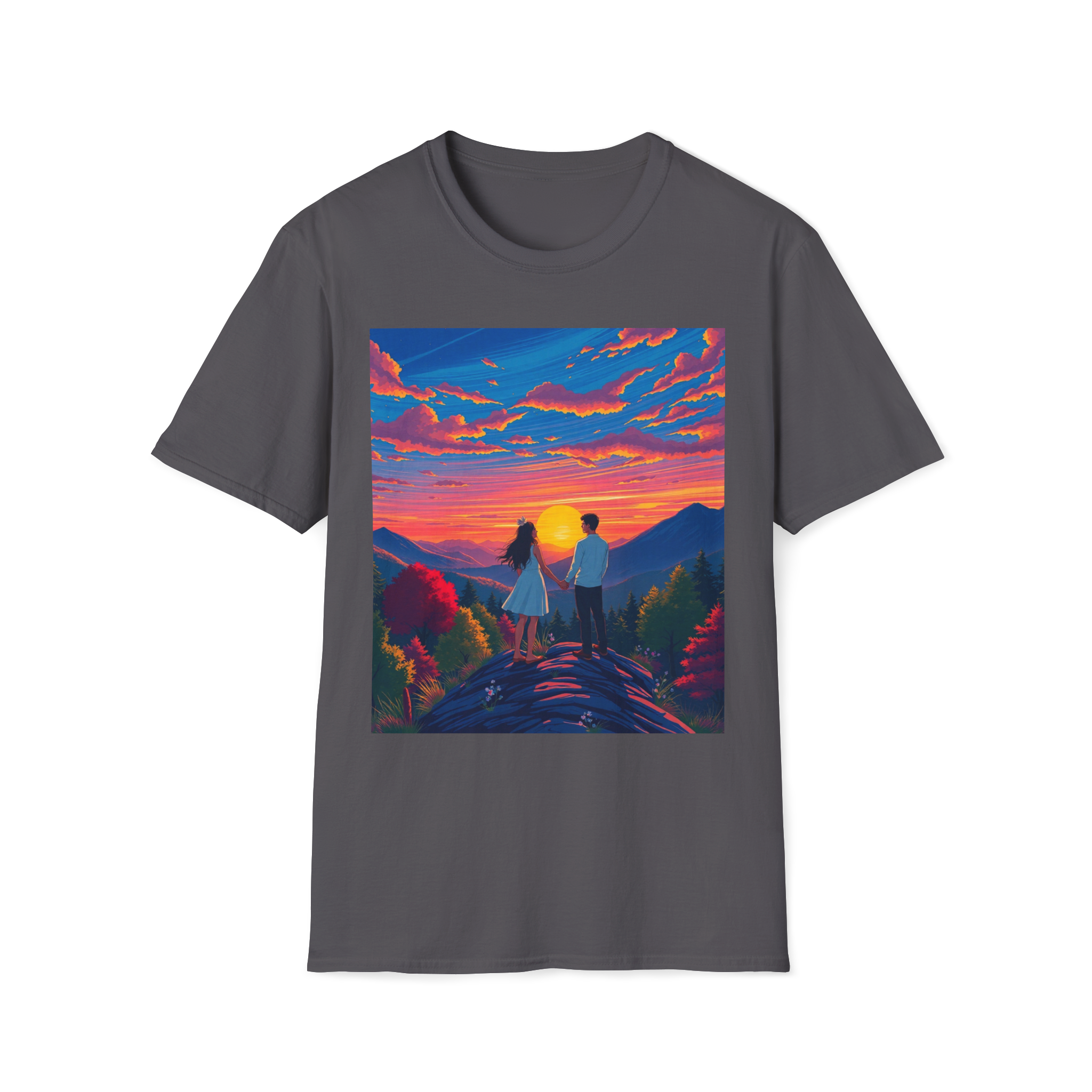 Sci-Fi Romantic Mountain Couple T-Shirt – Galaxy Love Tee.