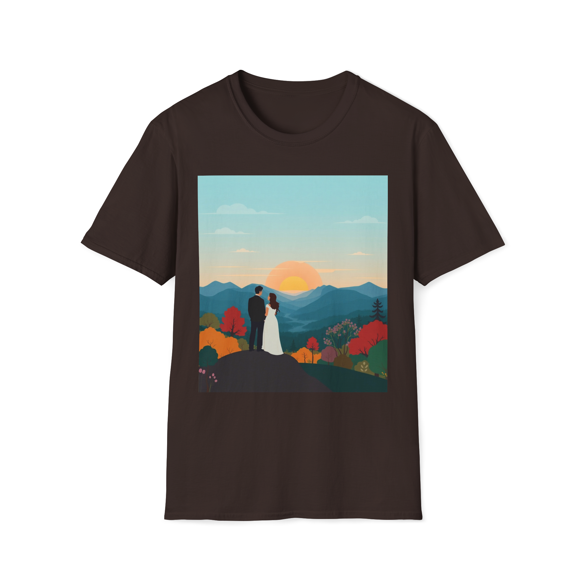 Romantic Sunset Couple Art T-Shirt – Nature Adventure Top