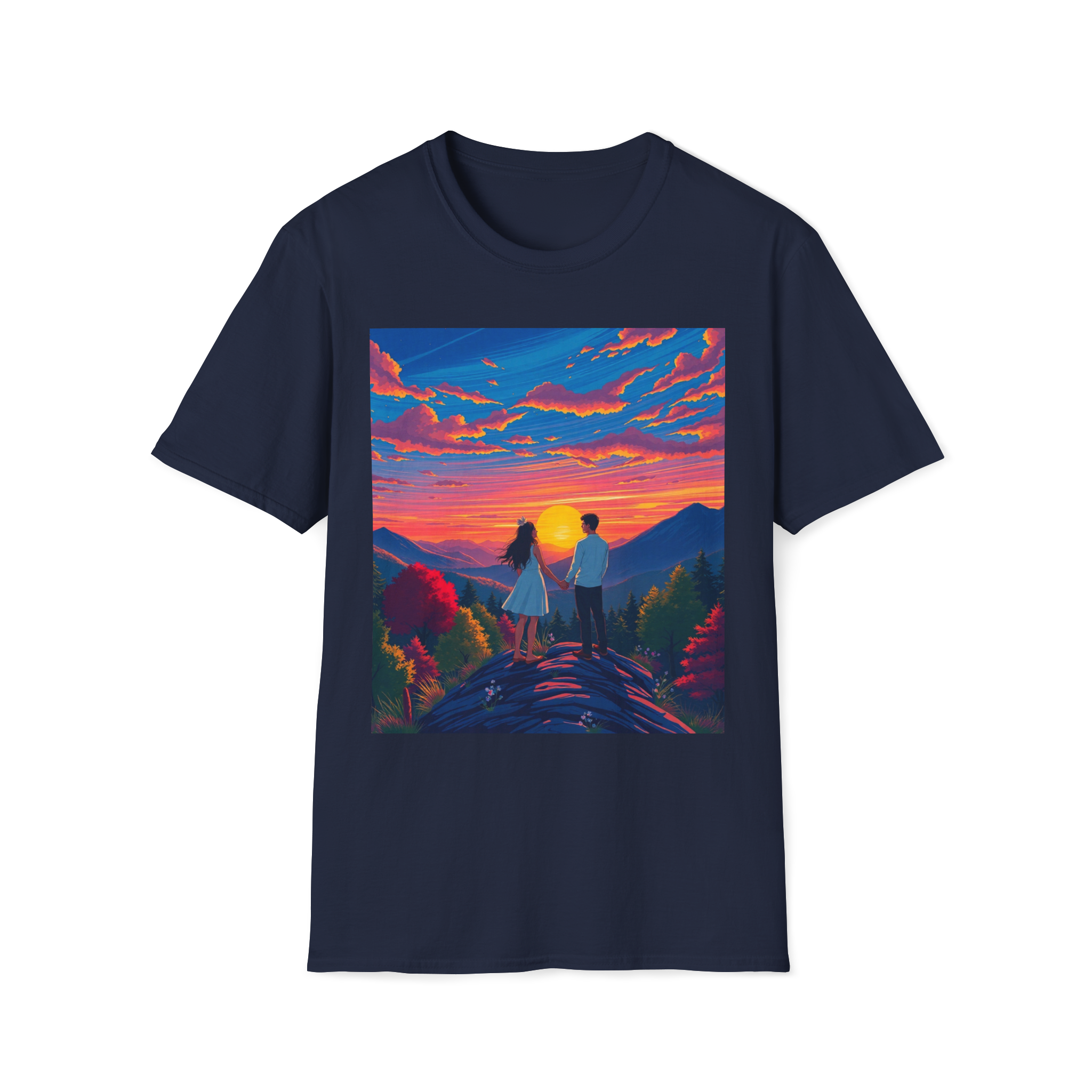 Sci-Fi Romantic Mountain Couple T-Shirt – Galaxy Love Tee.