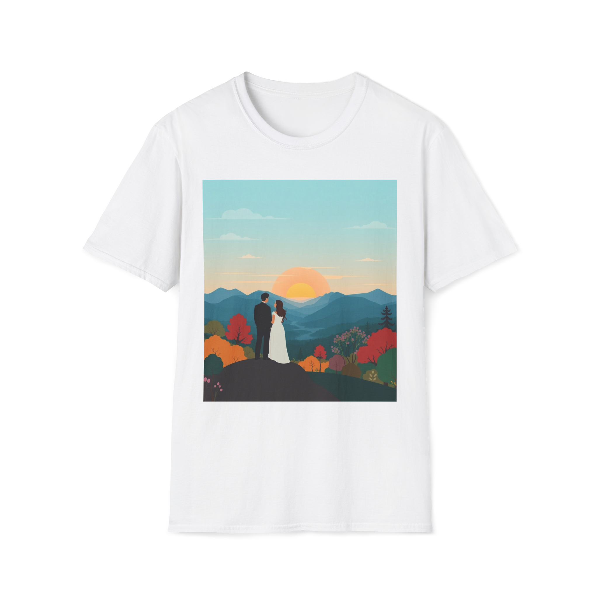 Romantic Sunset Couple Art T-Shirt – Nature Adventure Top