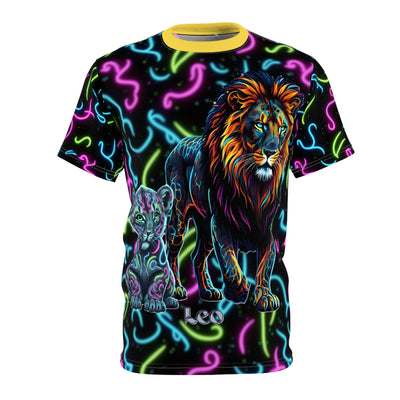T-shirt with a lion and cub design and colorful patterns on a black background