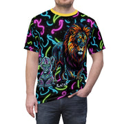 T-shirt with a colorful lion and cub design on a black background