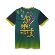 Colorful t-shirt with 'Shubh Navratri' design on a white background
