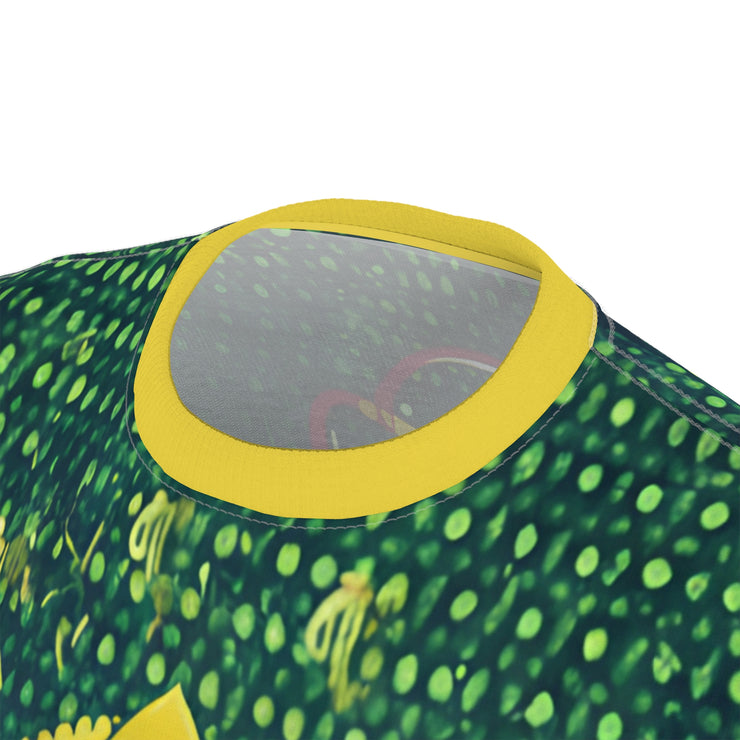 Close-up of a green and yellow patterned product with a circular cutout.