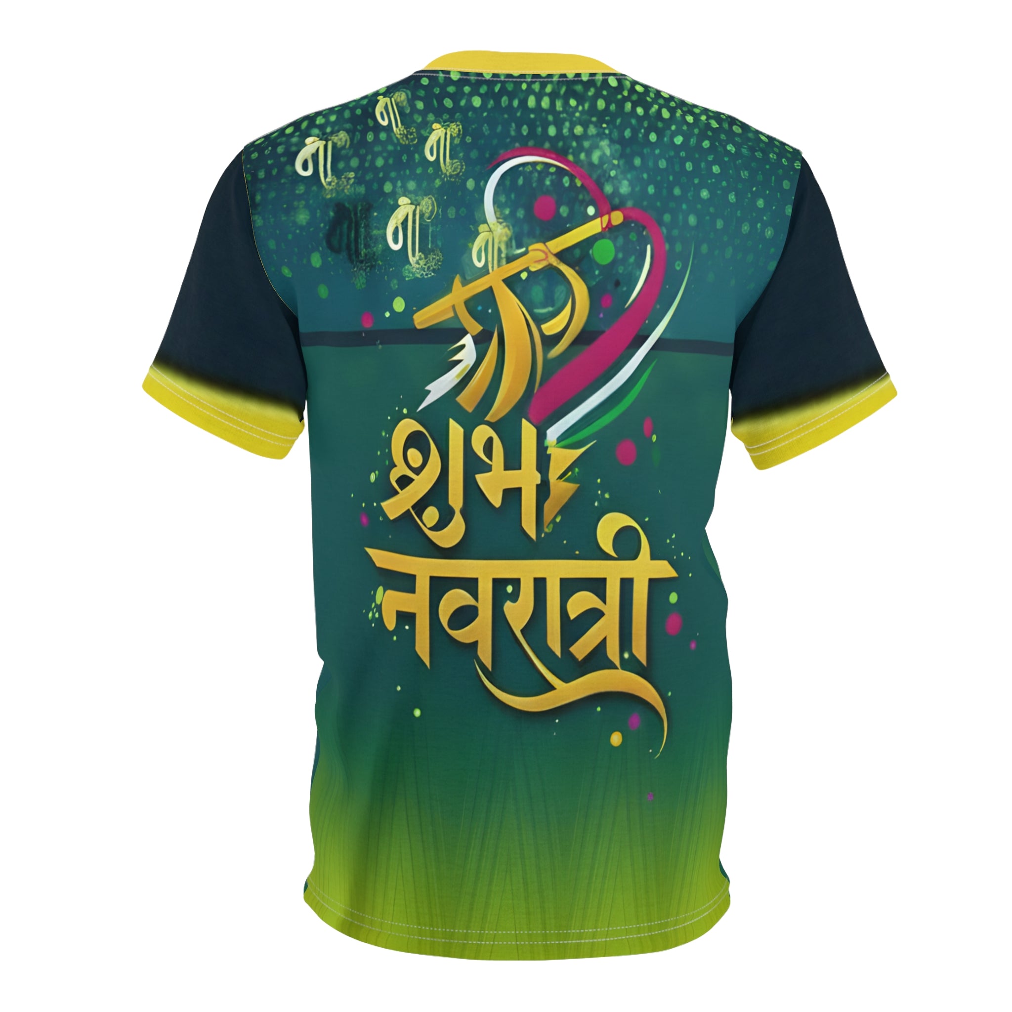 Colorful shirt with 'Shubh Navratri' text and design on a white background