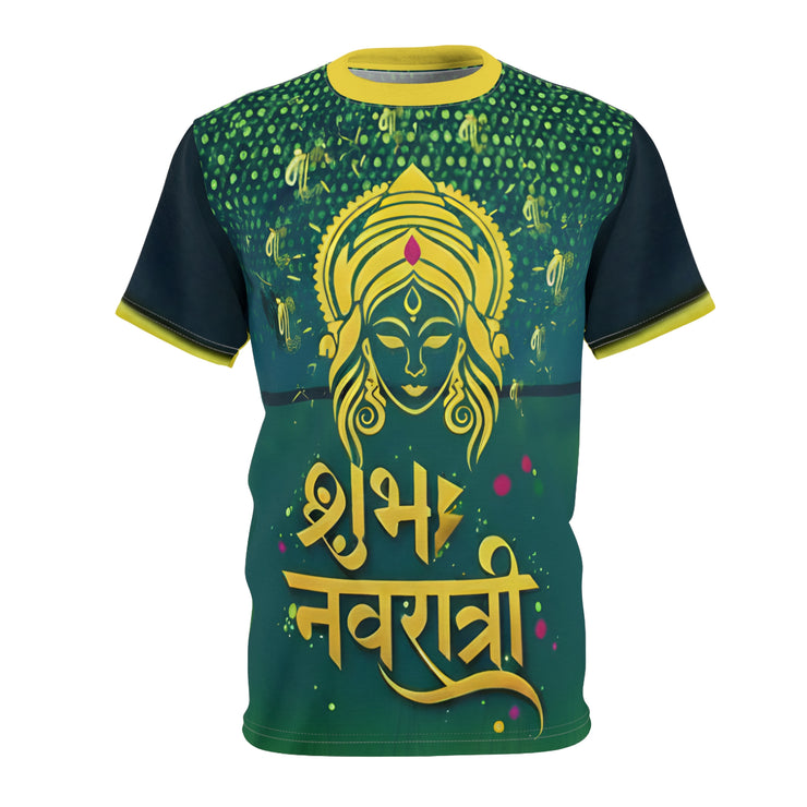 Navratri  MaaDurga Green and yellow t-shirt with a design and text on a white background