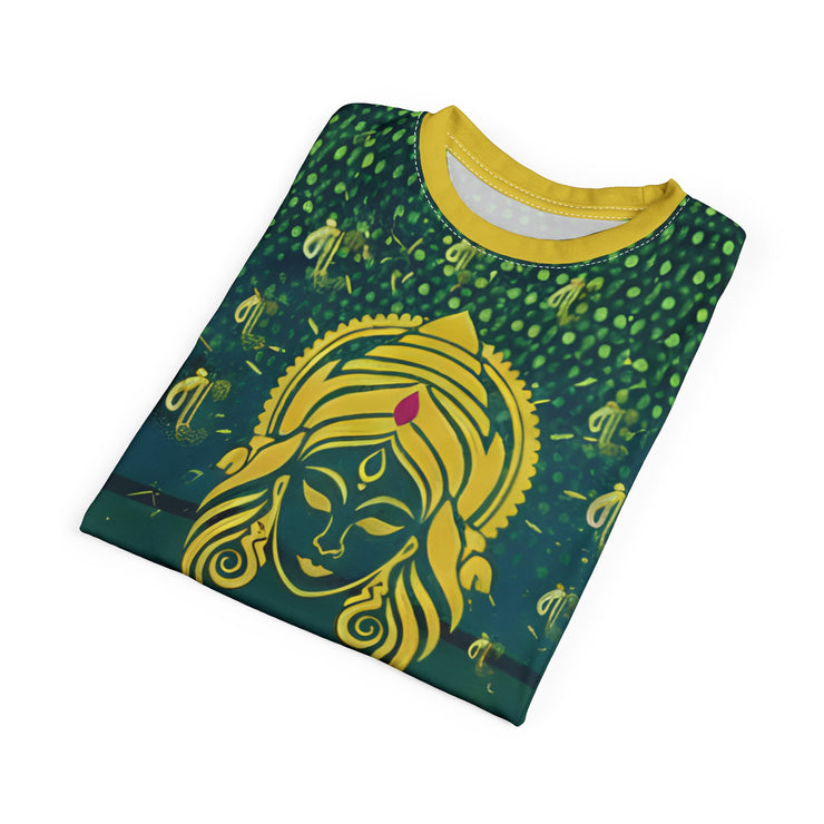 Folded fabric with a yellow and green design on a white background