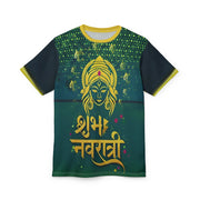 Navratri MaaDurga Front  Side Green t-shirt with yellow design and text on a white background