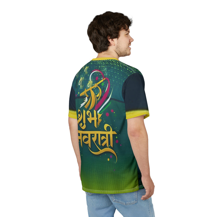 Man wearing a green and navy sports jersey with colorful text on the back