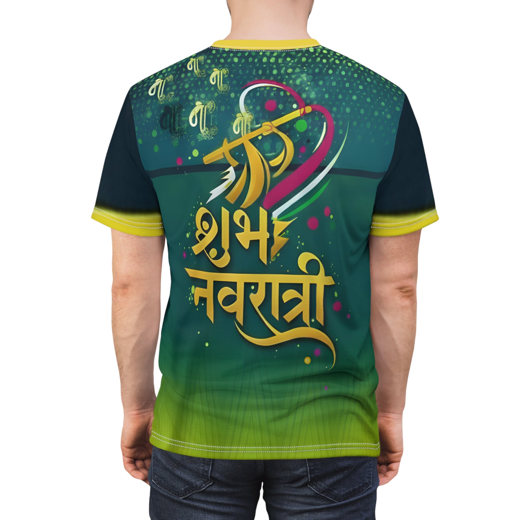 Green and black t-shirt with 'Shubh Navratri' design on a white background