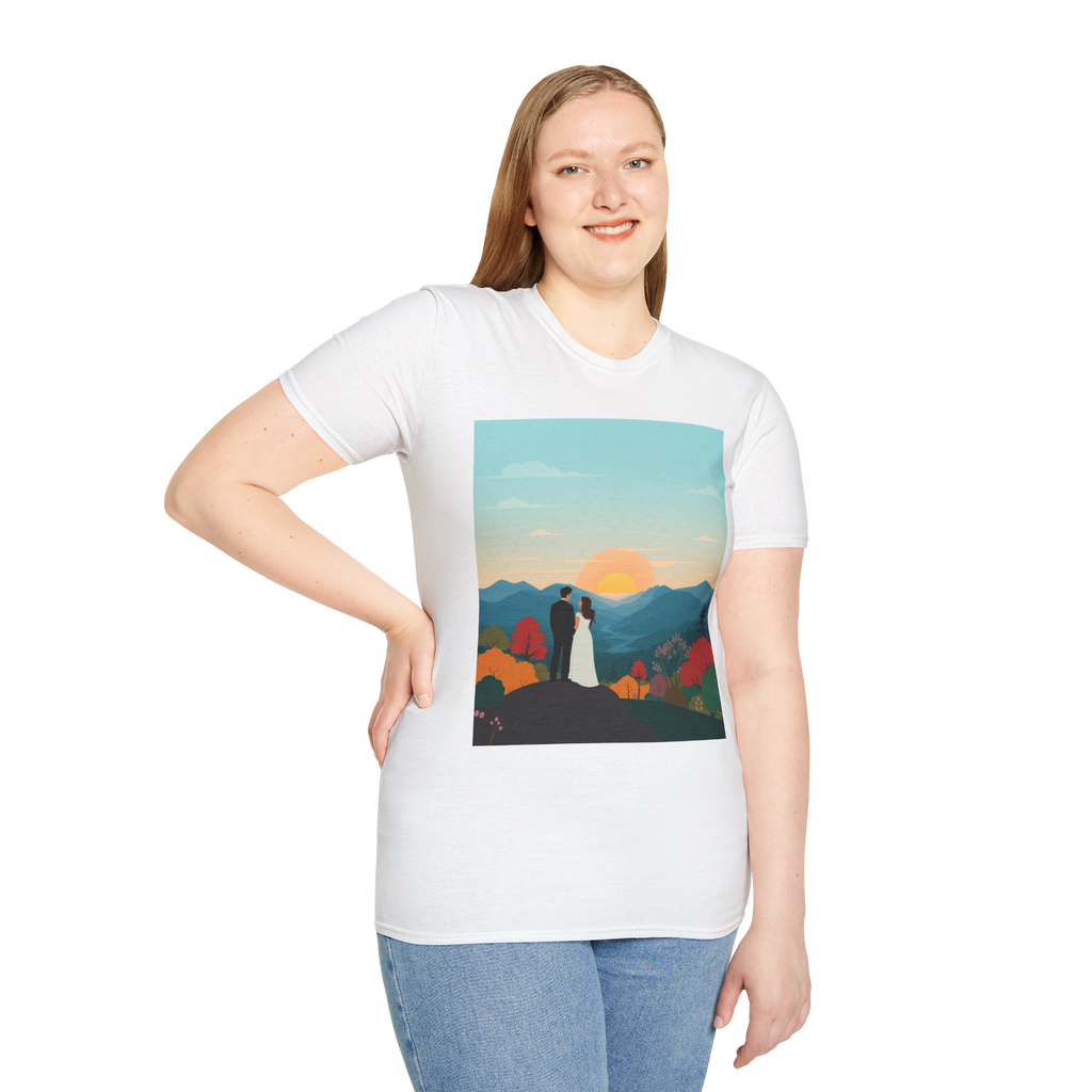 Romantic Sunset Couple Art T-Shirt – Nature Adventure Top