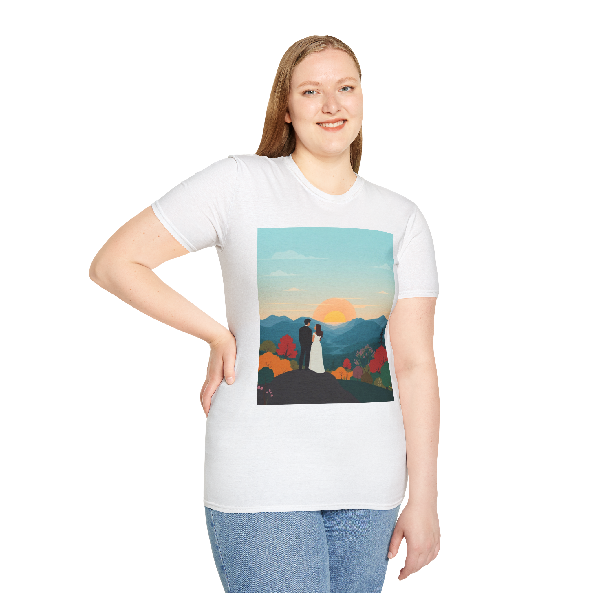 Romantic Sunset Couple Art T-Shirt – Nature Adventure Top