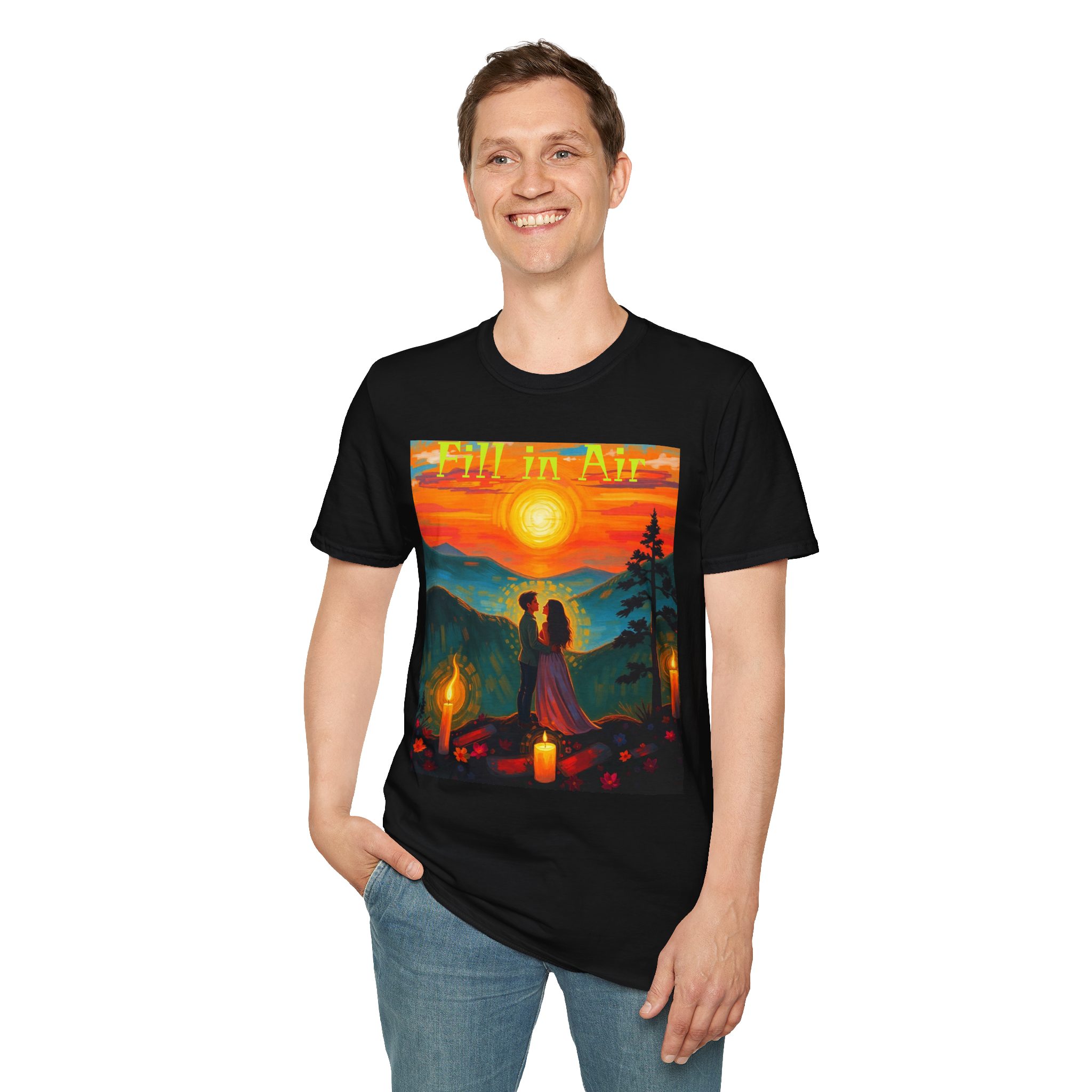 Romantic Sunset Couple Art T-Shirt – Colorful Painting Tee