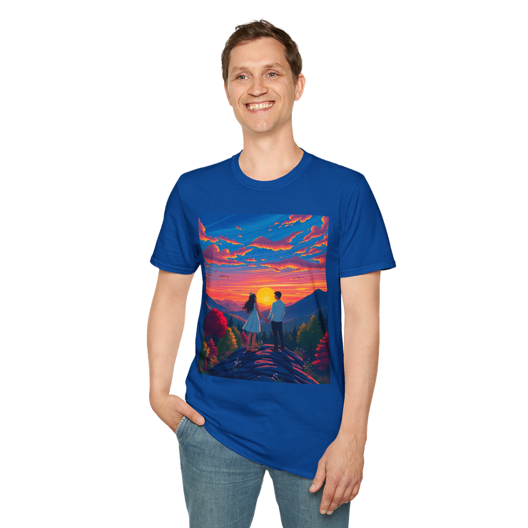 Sci-Fi Romantic Mountain Couple T-Shirt – Galaxy Love Tee.