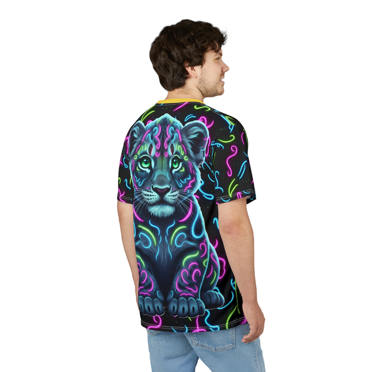 Person wearing a black t-shirt with a colorful Baby Lion design on a white background