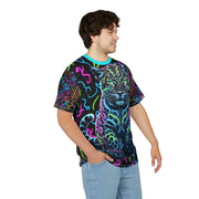 Person wearing a colorful t-shirt with a neon leopard design on a white background